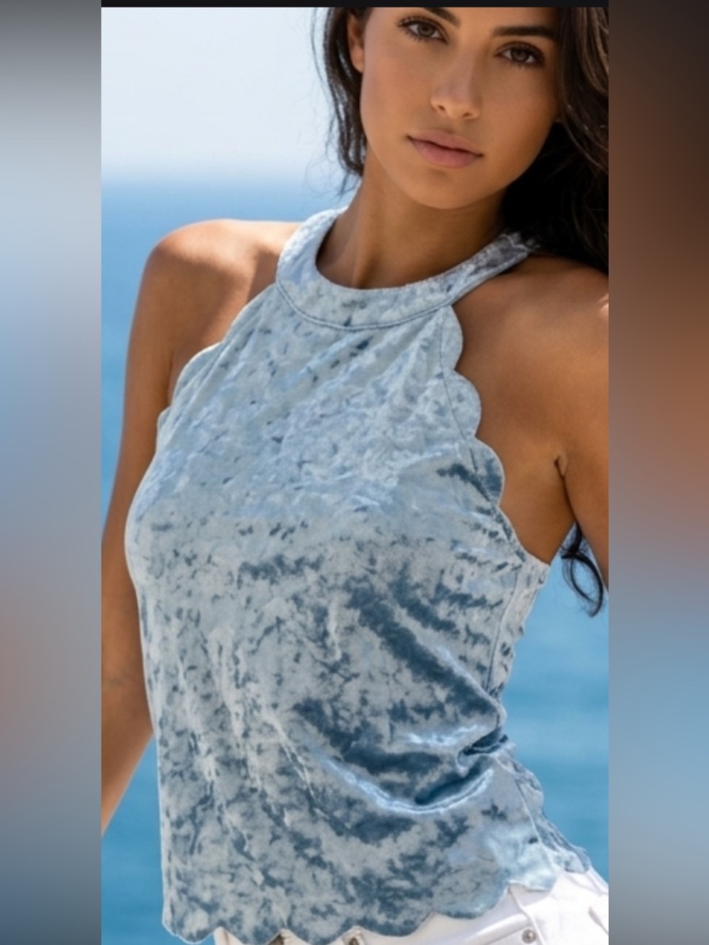 Altar’d State Powder Blue Crushed Velvet Halter Top w/ Scalloped Edge Medium NWT